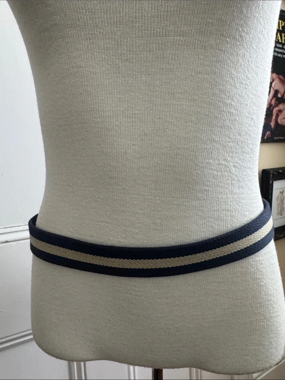 Coach Brown Leather Trim Navy and Cream Striped Belt